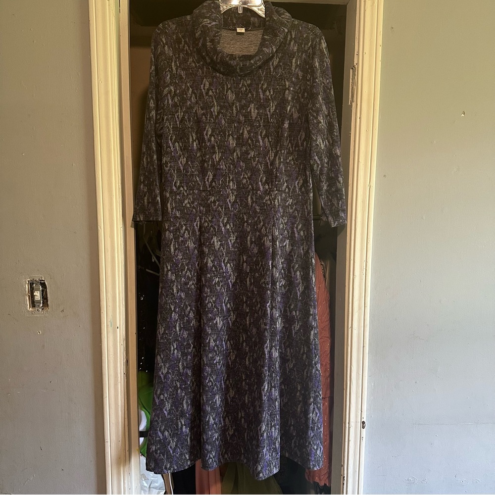 Coldwater Creek Women’s Sz M Cowl Neck Boho Aztec A Line Midi Dress Gray/Purple